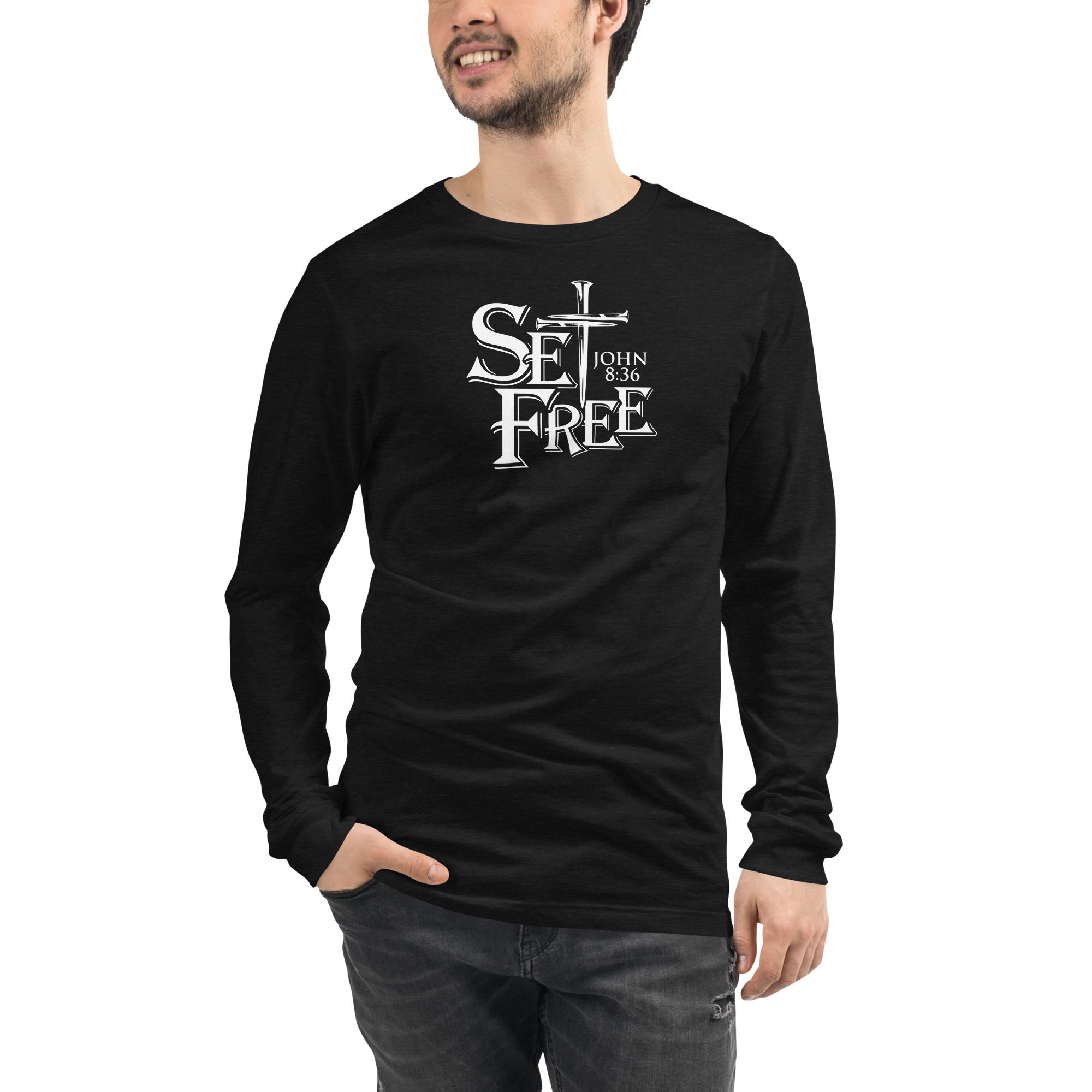 Set Free Three Nails Cross John 8:36 Men's Long Sleeve T Shirt