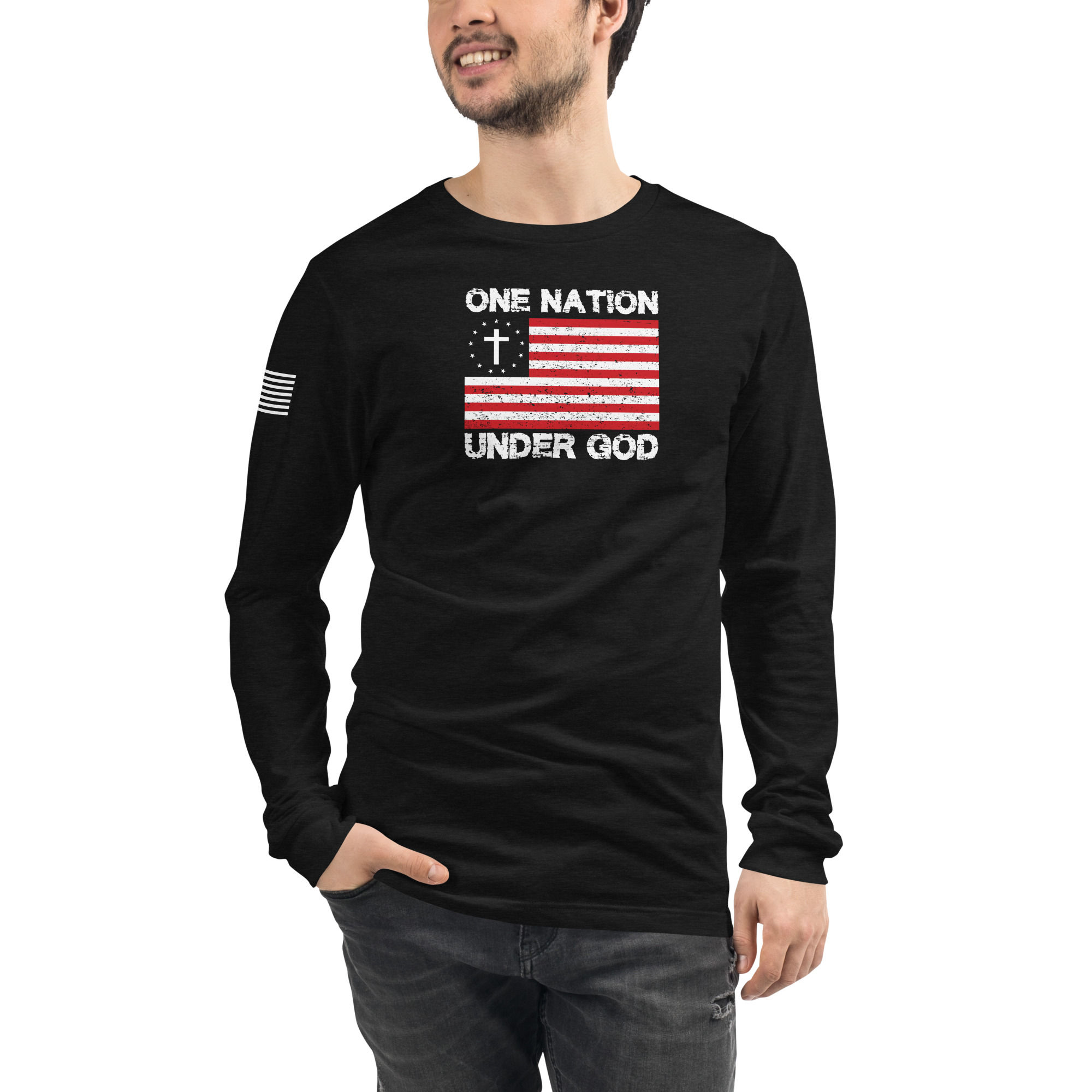 One Nation Under God Men's Long Sleeve T Shirt with American Flag on Sleeve