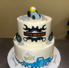 Baby shower cake: 'Little Mechanic' theme with car, truck, tools