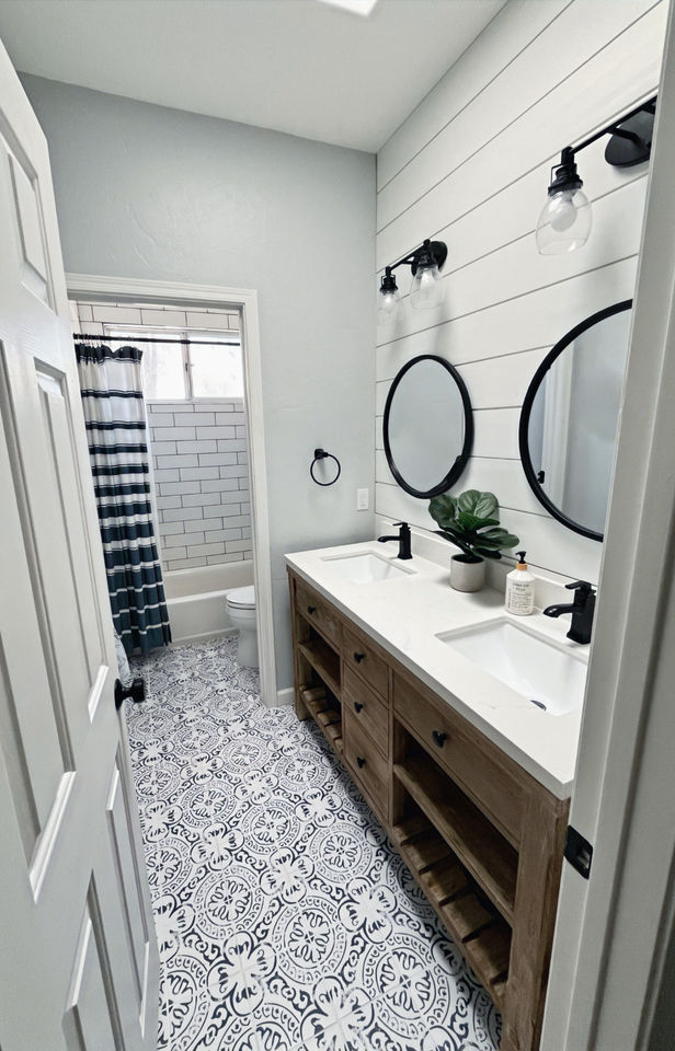guest bathroom, modern farmhouse, subway tile, pattern tile floor