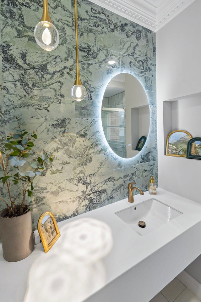 natural stone, green marble, guest bath