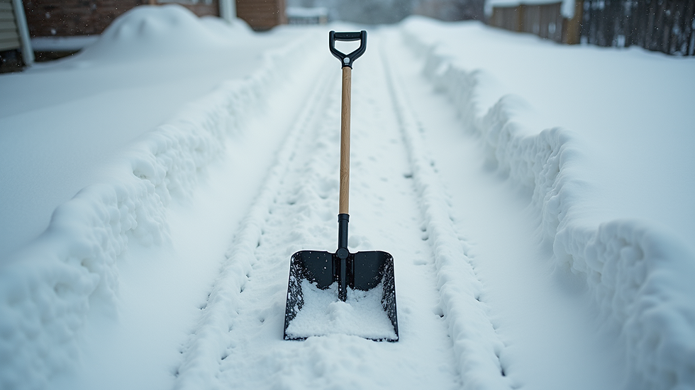 High angle view of a snow-covered driveway with a snow shovel