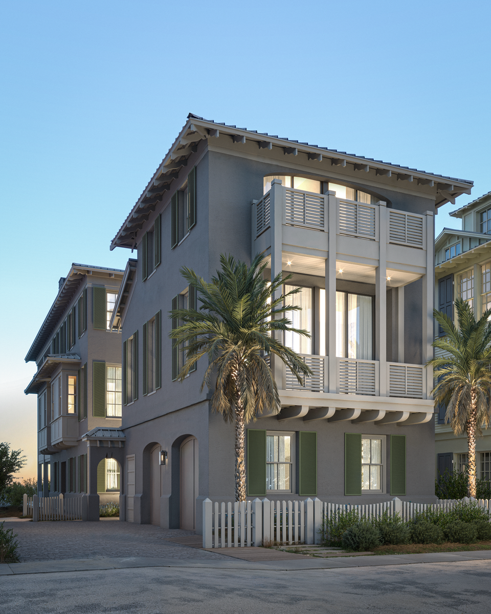 Exterior architectural visualization of a modern beachfront house in blue hour