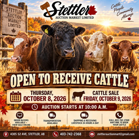 OPEN TO RECEIVE CATTLE for our Friday, October 9, 2026 Cattle Sale at 10:00 AM.