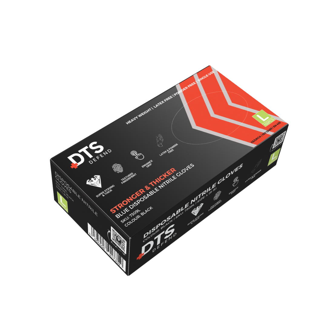 DTS Defend Black nitrile gloves, stronger & thicker, size large