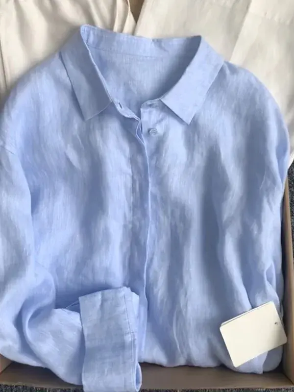Thumbnail: Women Linen Shirt Casual Loose Long Sleeve Thin Summer Top Pure Color Turn Down 