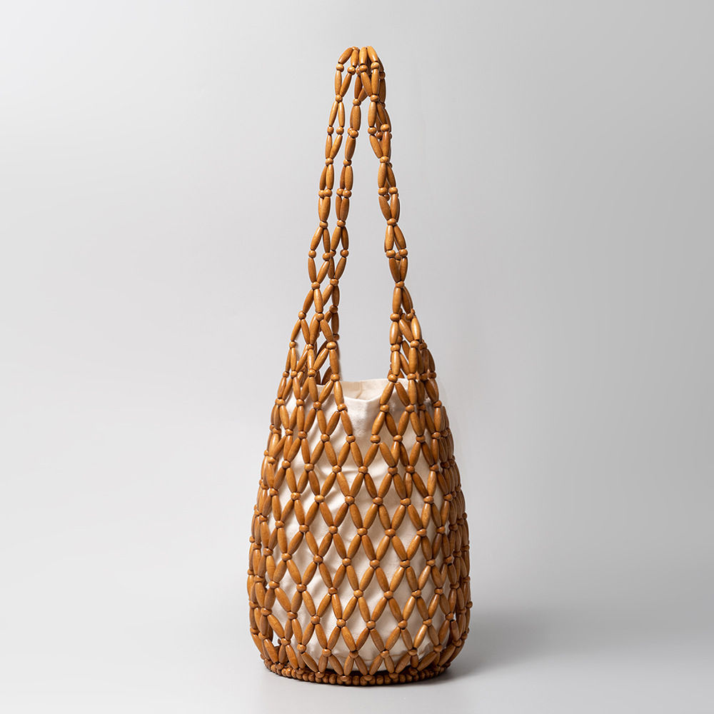 Women Woven Hand Bag Exquisite Design Hollow-out Wooden Bead Tote Bucket Shoulde