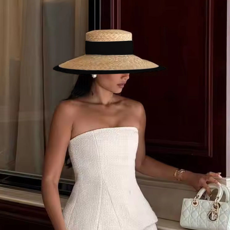 Thumbnail: Straw summer hat French elegant ladies seaside travel sun hat Hepburn style wide