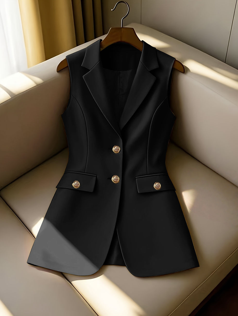 Thumbnail: Women's Longline Blazer Vest Sleeveless Notched Lapel Suit Waistcoat with Gold B