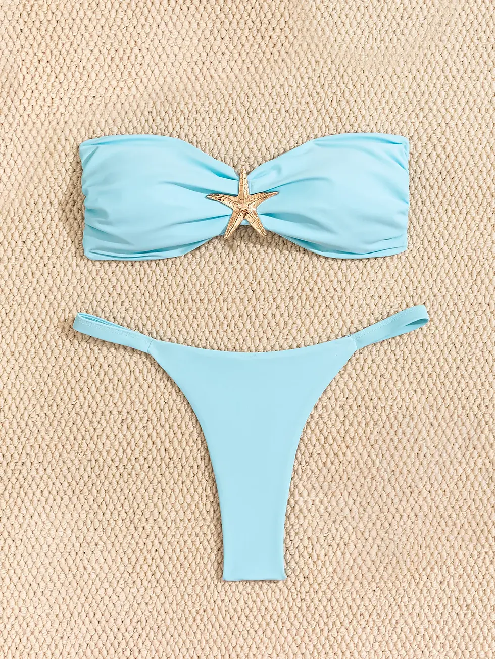 Thumbnail: Sexy Bandeau Bikini Set 2026 Women Sky Blue Starfish Ornament Push Up Thong Swim
