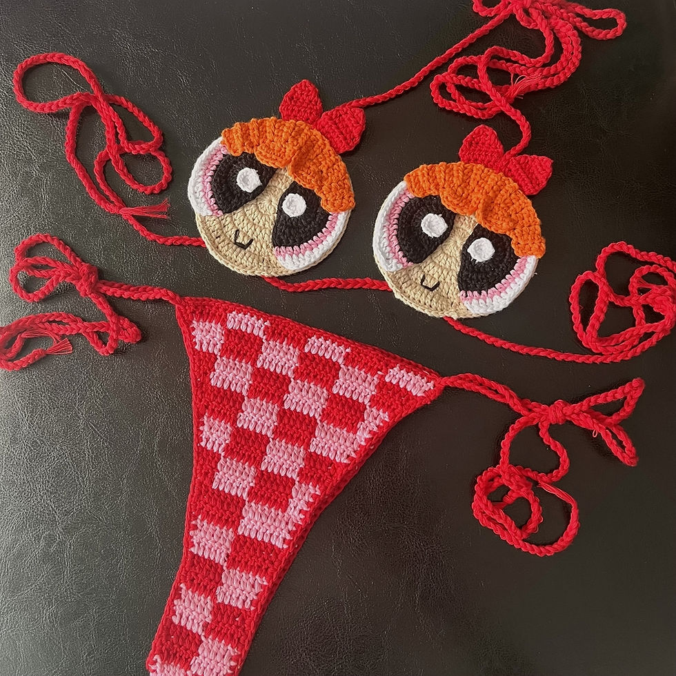 Thumbnail: Red High Quality Handmade Crochet Micro Powerpuff Yellow Bikini Set Sexy String 