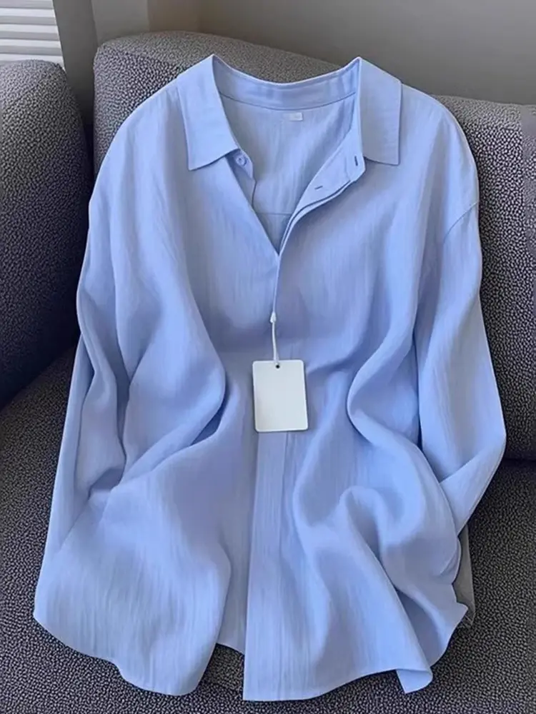 Thumbnail: Women Linen Shirt Casual Loose Long Sleeve Thin Summer Top Pure Color Turn Down 