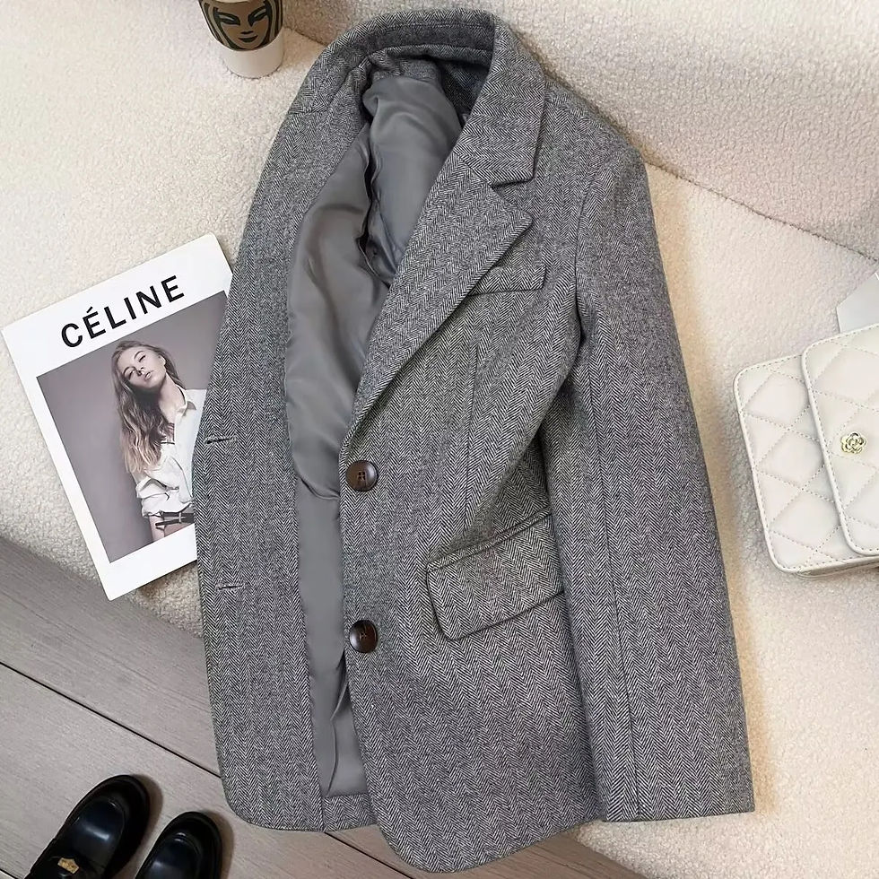 Thumbnail: Grey Herringbone pattern Woolen Suit Jacket for women 2026 New Autumn Winter Ret