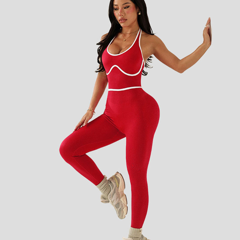 Thumbnail: European Style Line Block Bodysuit Women One Piece Yoga Set Seamless Fitness Set