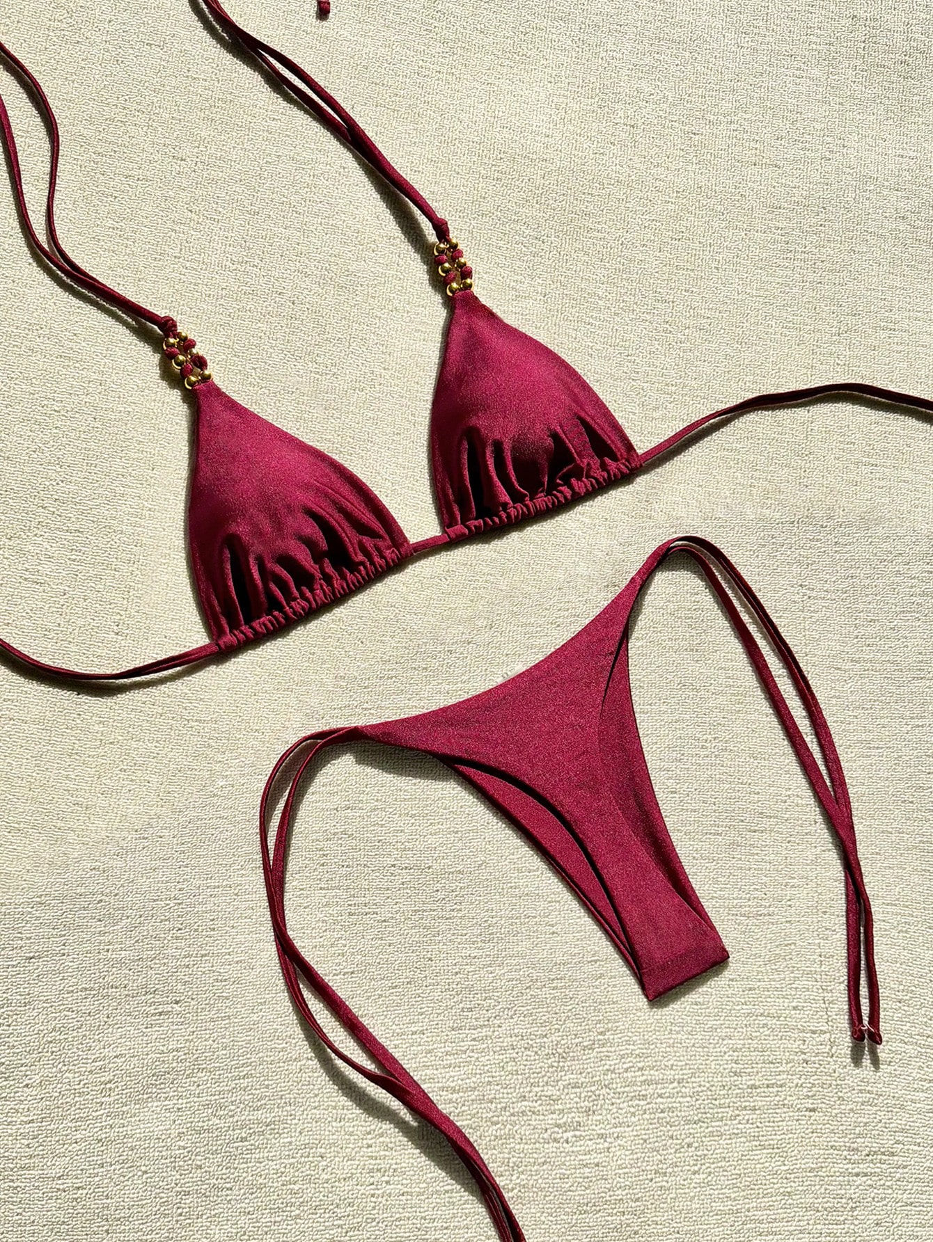 Brown Elegance - Metal Beaded Triangle Bikini Swimsuit