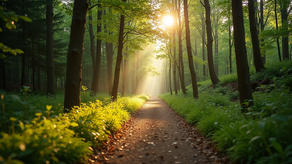eye-level view of a peaceful forest path with sunlight filtering through the trees