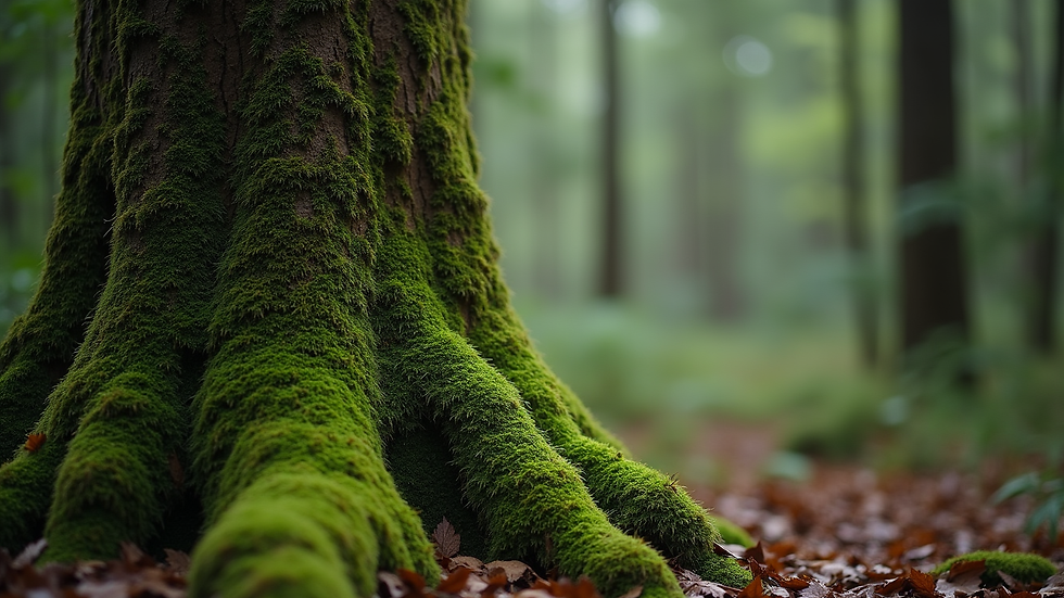 close-up view of a moss-covered tree trunk in a dense forest