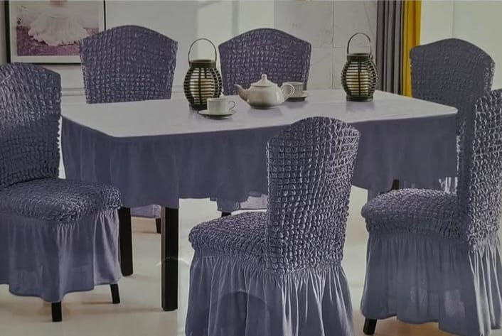 Miniatura: SET DE MANTEL Y FORRO DE SILLA CON RUCHA PARA COMEDOR 6 PUESTOS