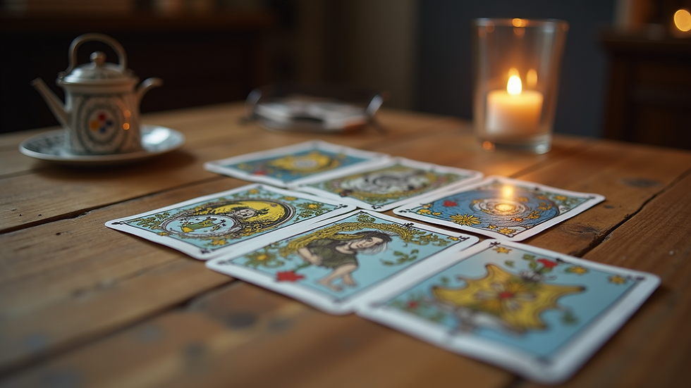 Eye-level view of tarot cards spread on a wooden table