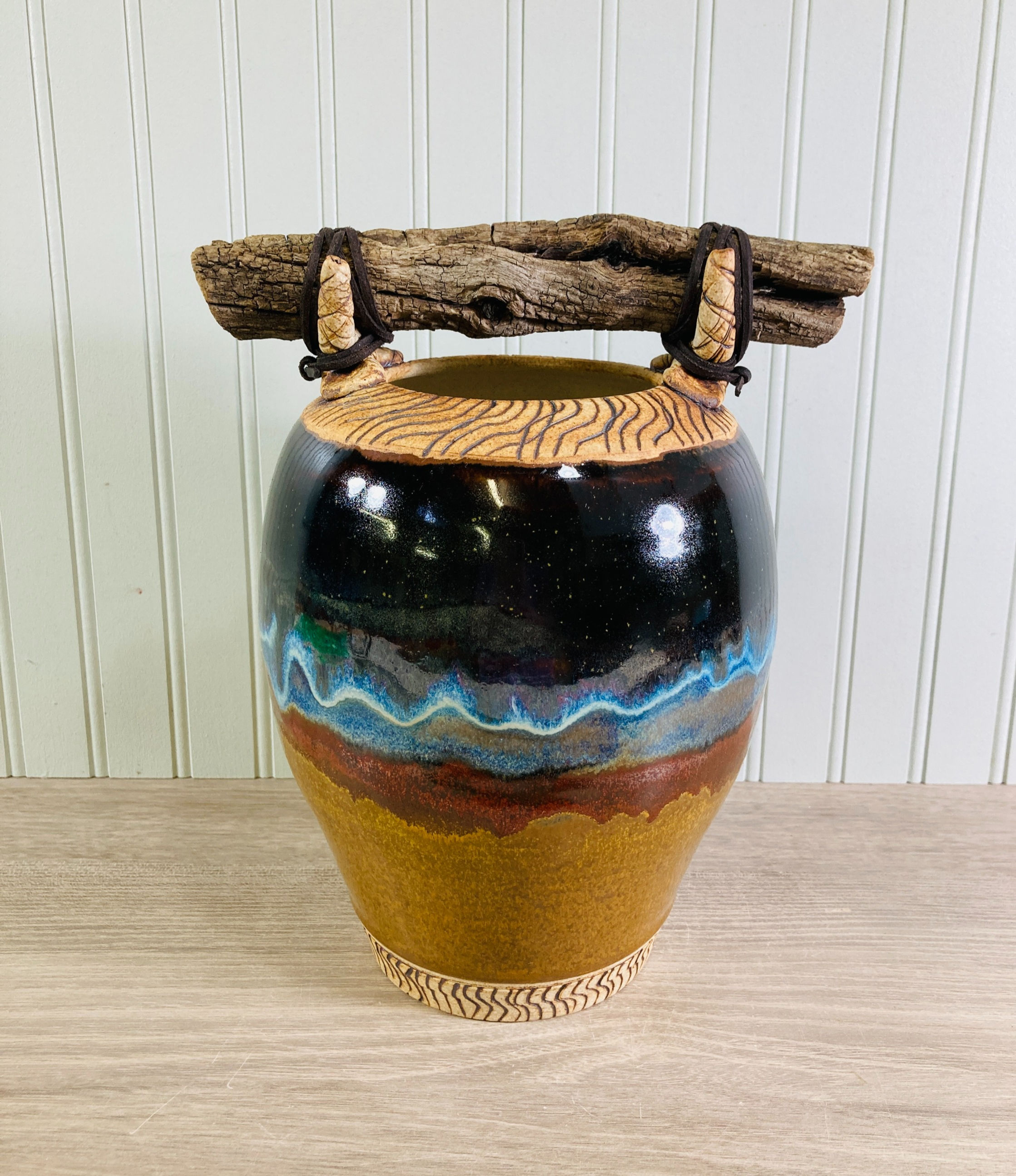 Decorative Pottery Vase w/Attached Wood, Nature Inspired using Earth Tone Glazes