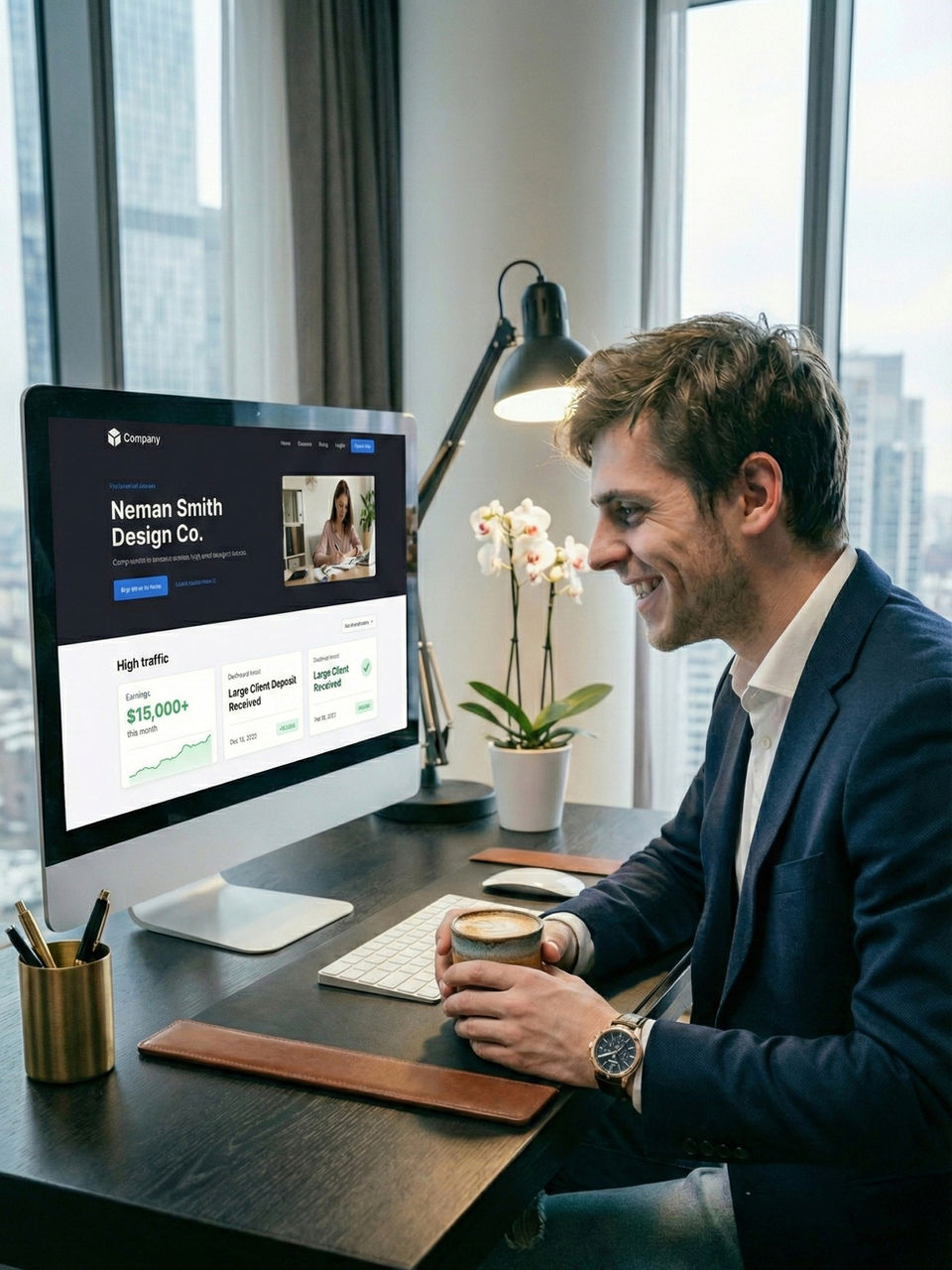 Smiling man working on website development on computer
