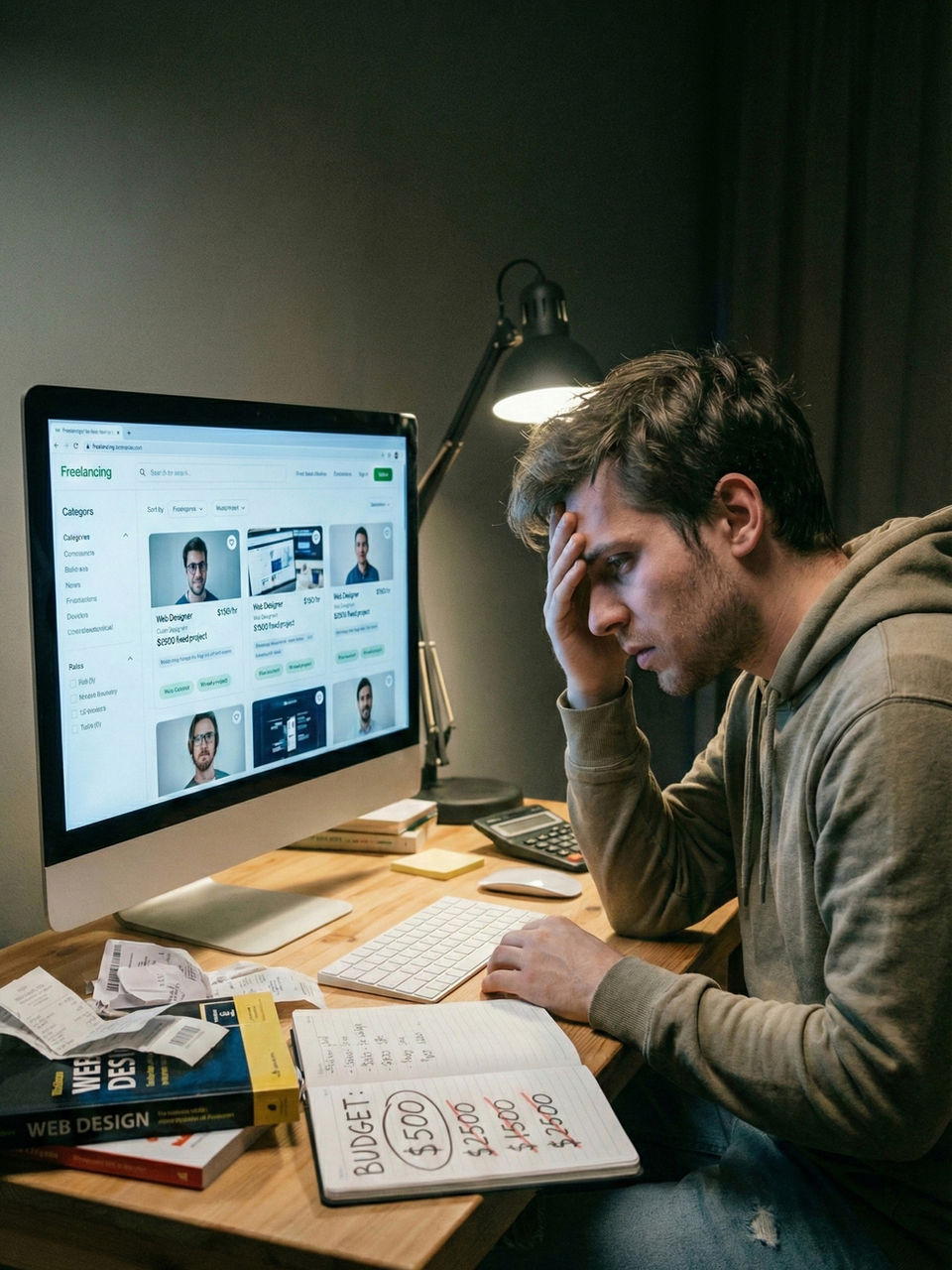 Man looking stressed at computer with web page and notebook
