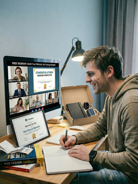 Man celebrating online achievement on video call with certificate