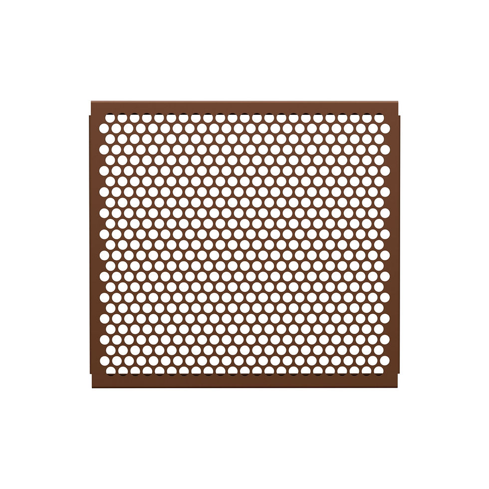 Thumbnail: Brown rectangular grill with many uniformly spaced circular perforations on white.