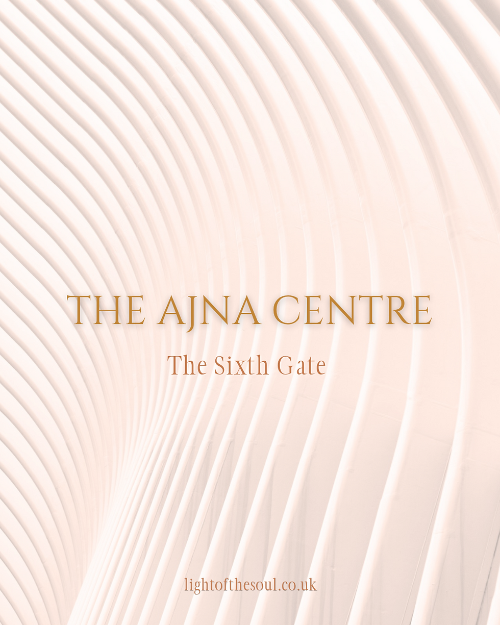A titled graphic displaying 'THE AJNA CENTRE' and 'The Sixth Gate' in gold serif text, centered on a light, textured background of spiraling white architectural lines, for the Light of the Soul blog.