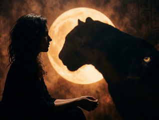 Silhouette of a woman and black panther guardian in warm amber moonlight symbolizing Bast and Soul Alchemy transformation.