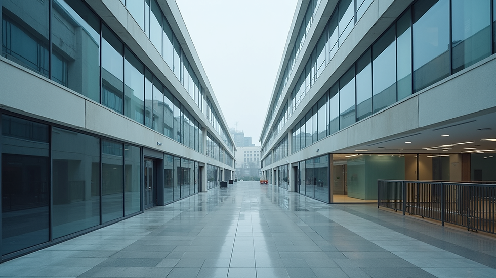 Wide angle view of a modern commercial building with automated systems