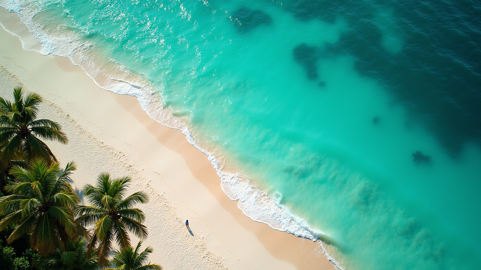 High angle view of a tropical beach with turquoise water and palm trees