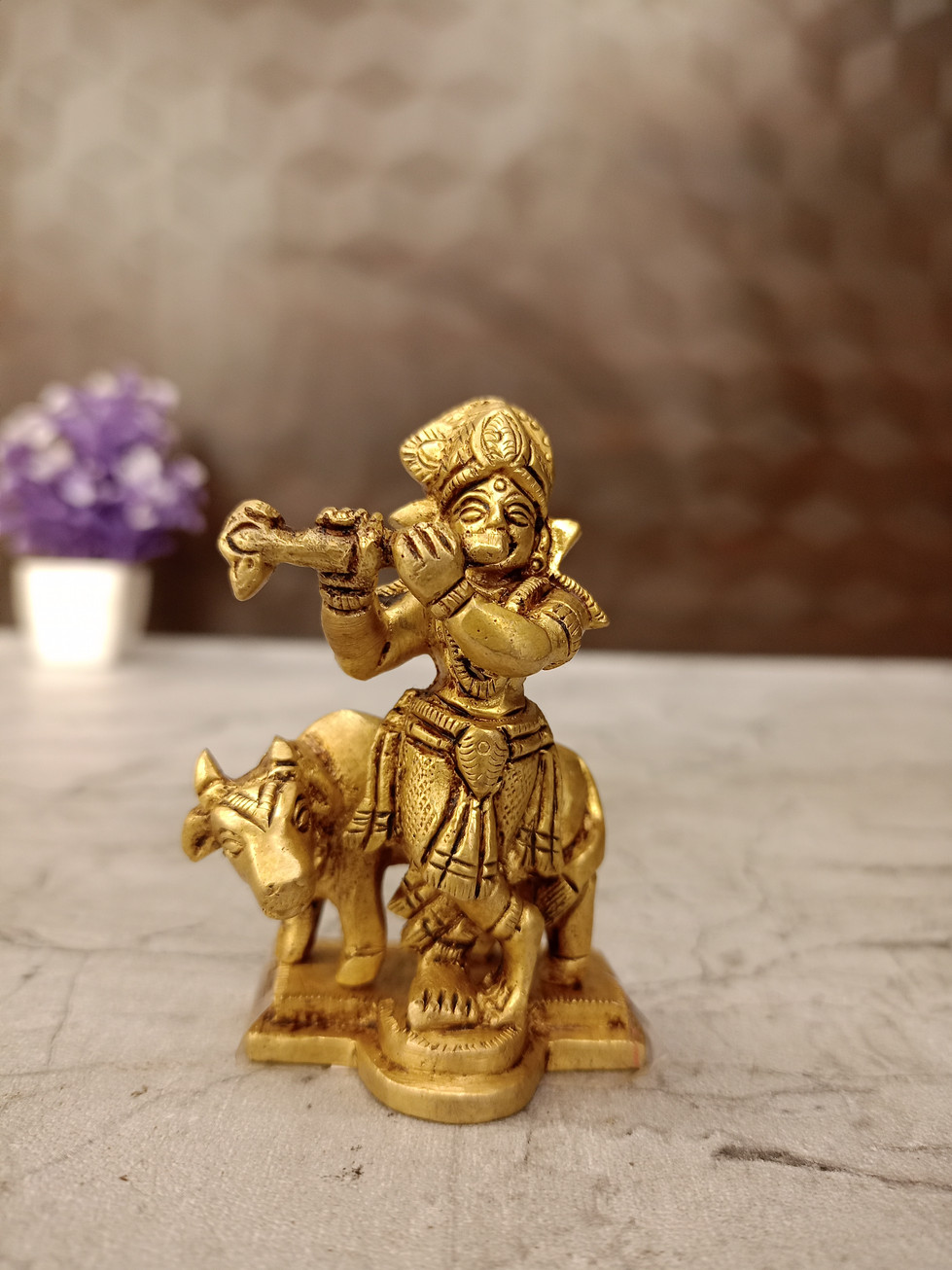 Brass Cow Krishna Idol 3"