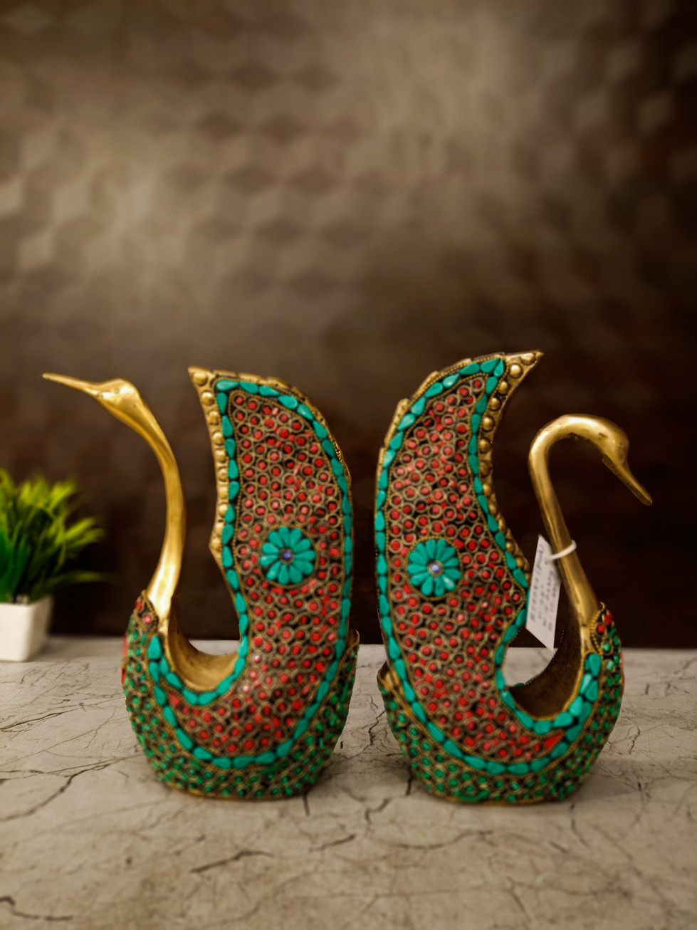 Brass Swan Stone Pair 9.5''