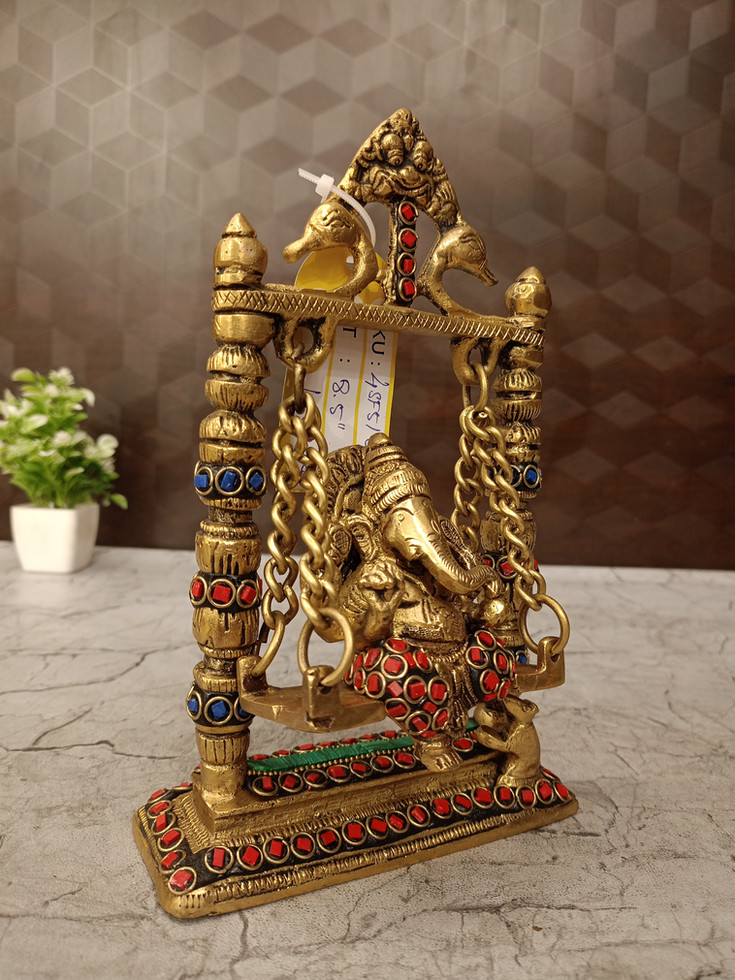 Brass Swing Ganesha With Stone Finish 8.5"