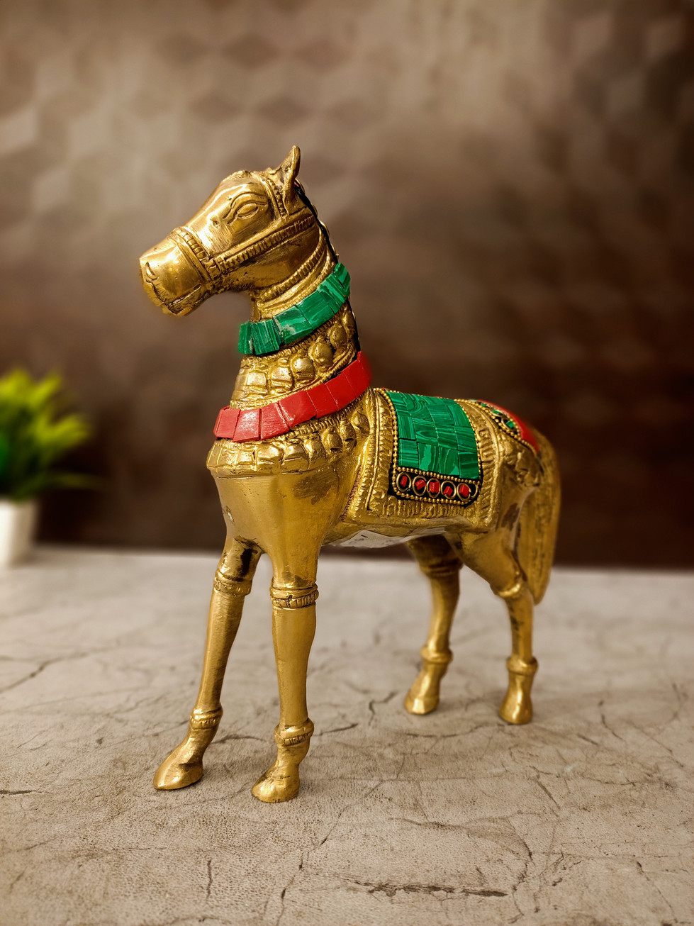 Brass Stone Horse Idol 8"