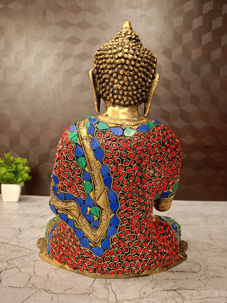 Brass Stone Buddha Statue , Red Green And Blue Stone Work Finish 12″