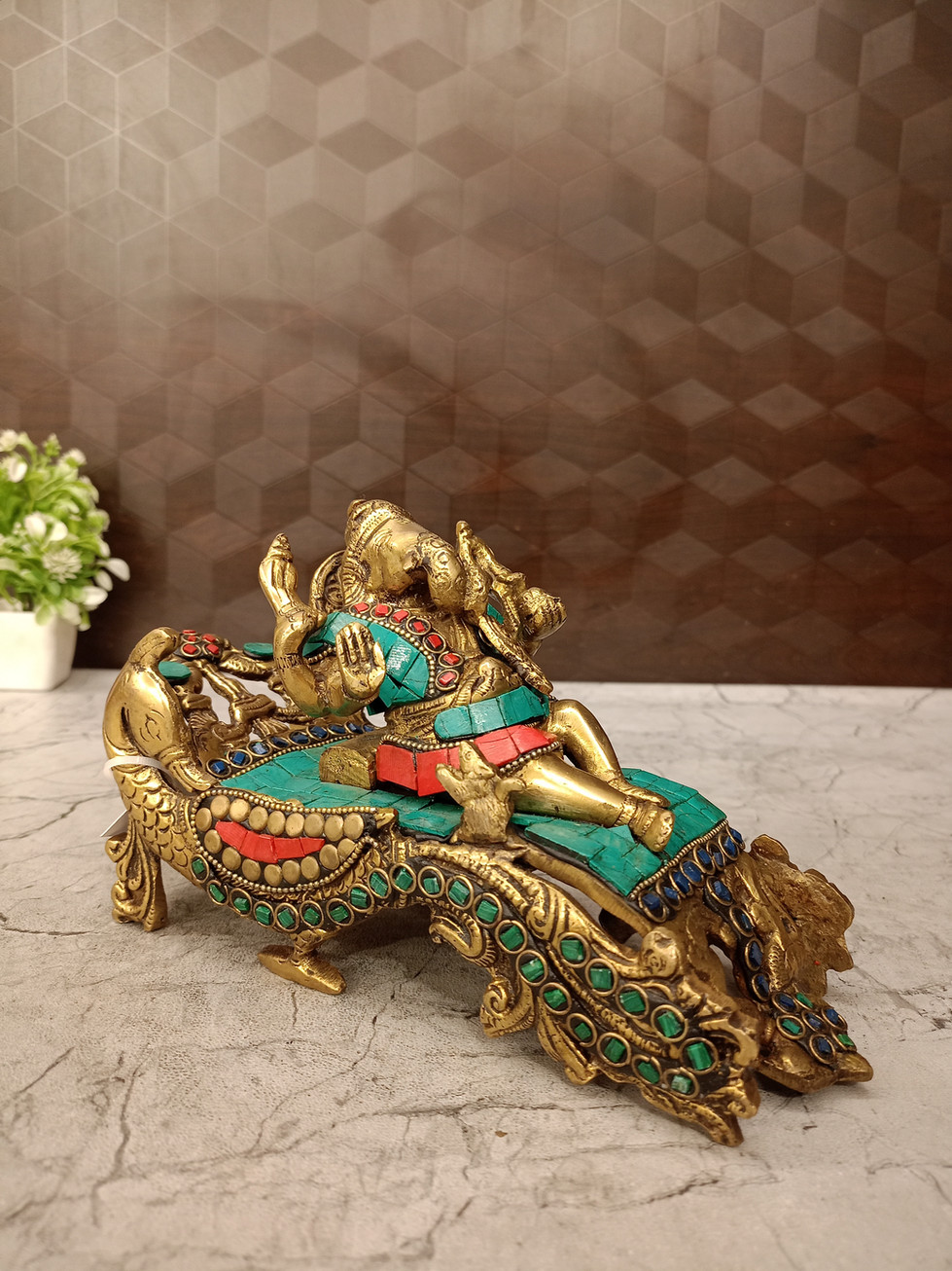 Brass Sofa Ganesha Stone finish Idol 4.5"