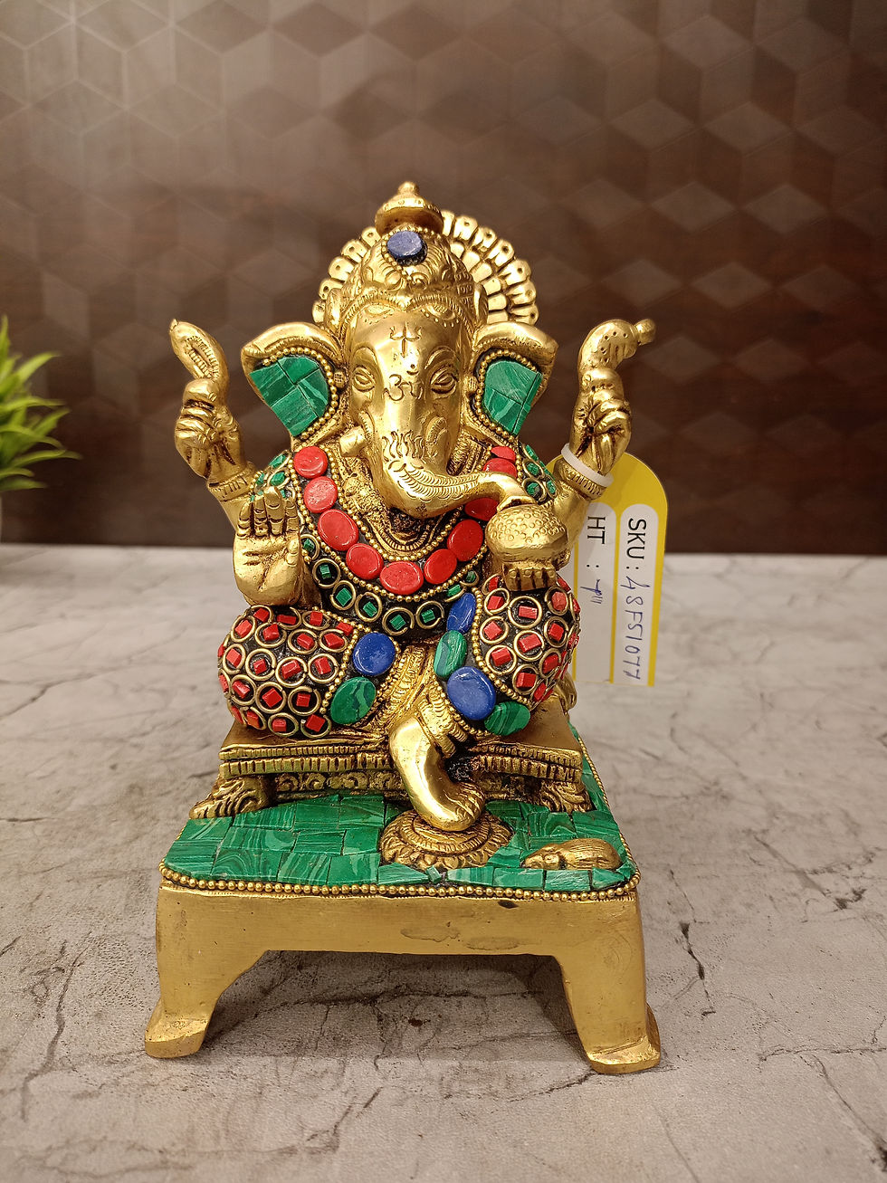 Brass Ganesha Idol With Stone Finish Sitting Chowki Stone Finish 7''