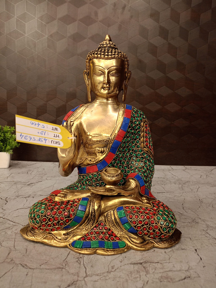 Brass Stone Buddha Statue , Red Green And Blue Stone Work Finish 12″