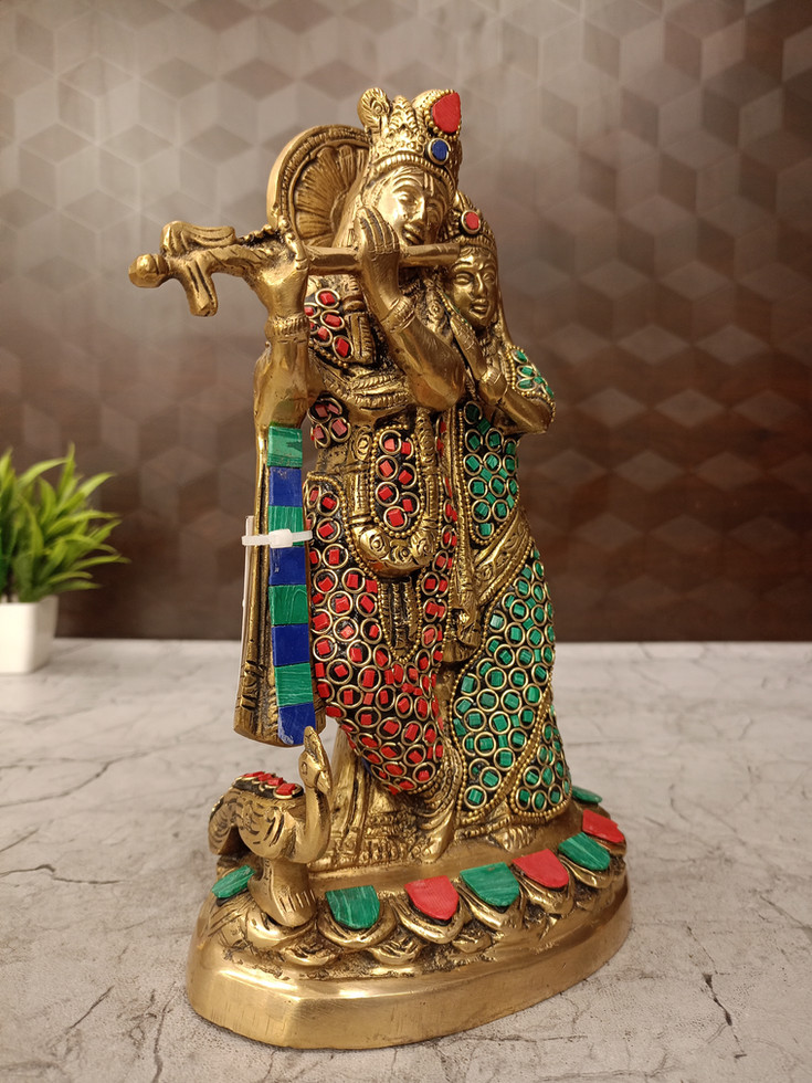 Brass Radha Krishna Idol Red And Green Stone Finish 10"