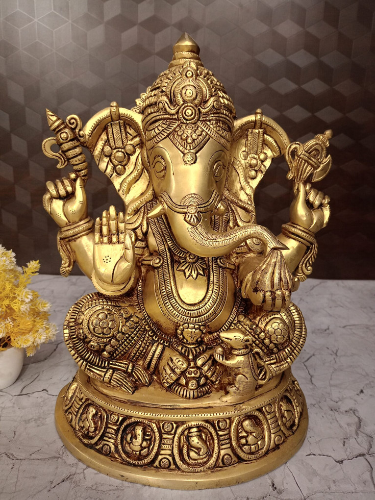 Brass Ashta Ganesha Statue Sitting On Round Base
