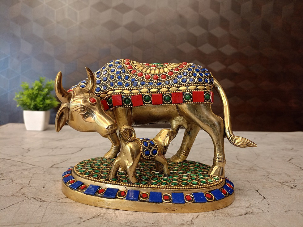 Brass Stone Finish Cow and Calf Idol