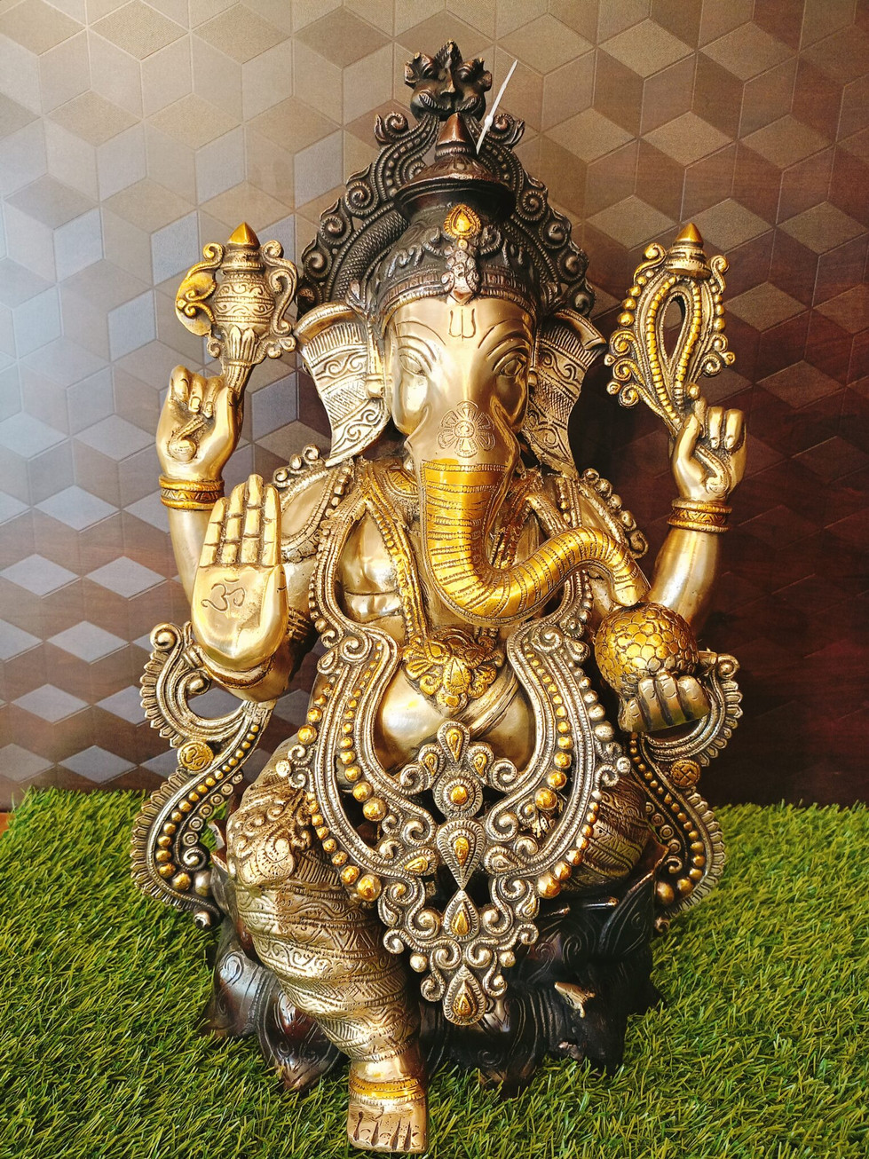 Brass Ganesha sitting on Lotus three Tone Finish