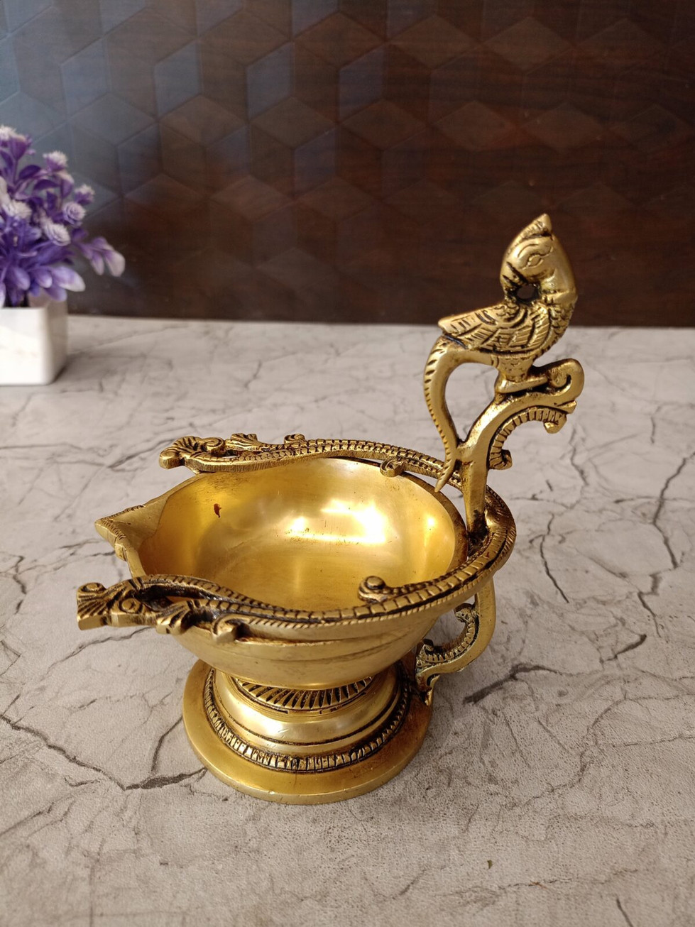 Brass Single Face Diya with Parrot Handle