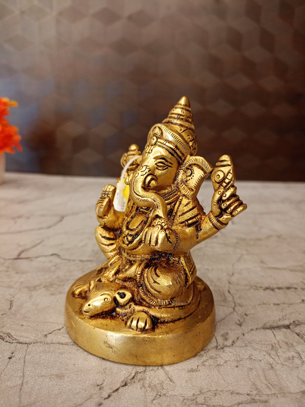 Brass Round Base Ganesha Idol Sitting On Rat