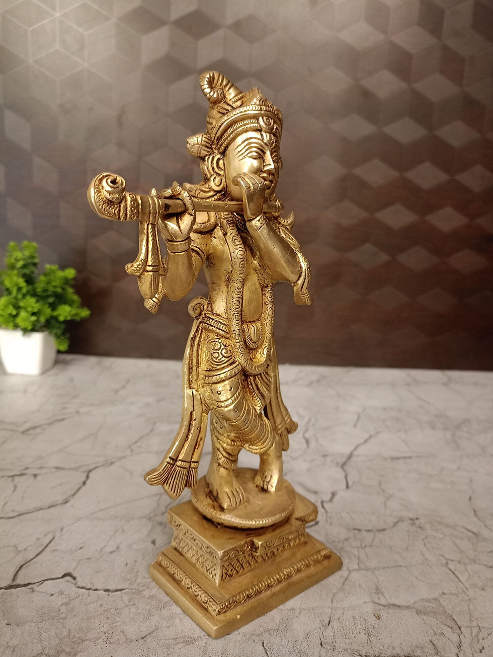 Brass Krishna with Square and Round Base- 9.5″