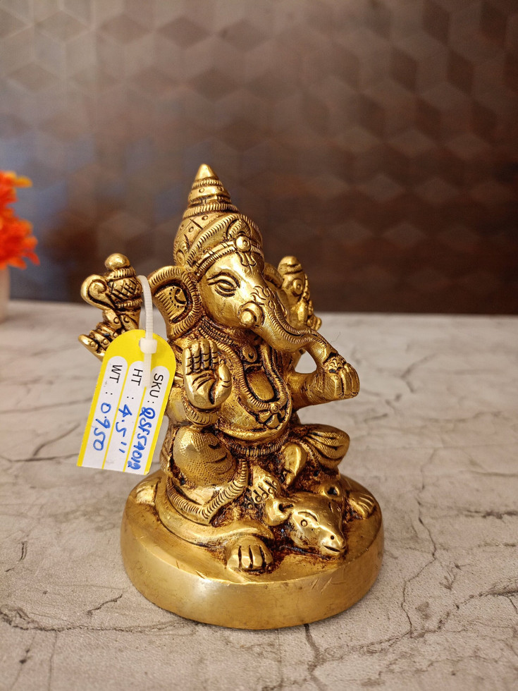 Brass Round Base Ganesha Idol Sitting On Rat