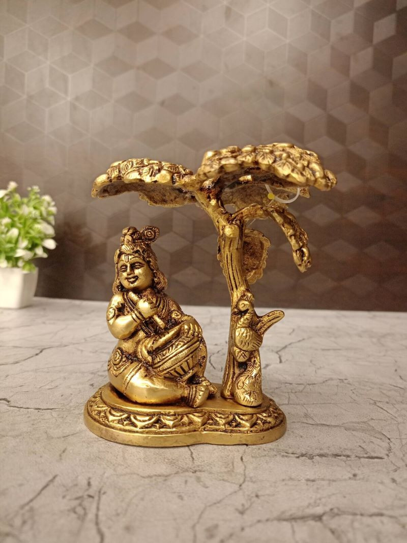 Brass Butter Krishna with Tree