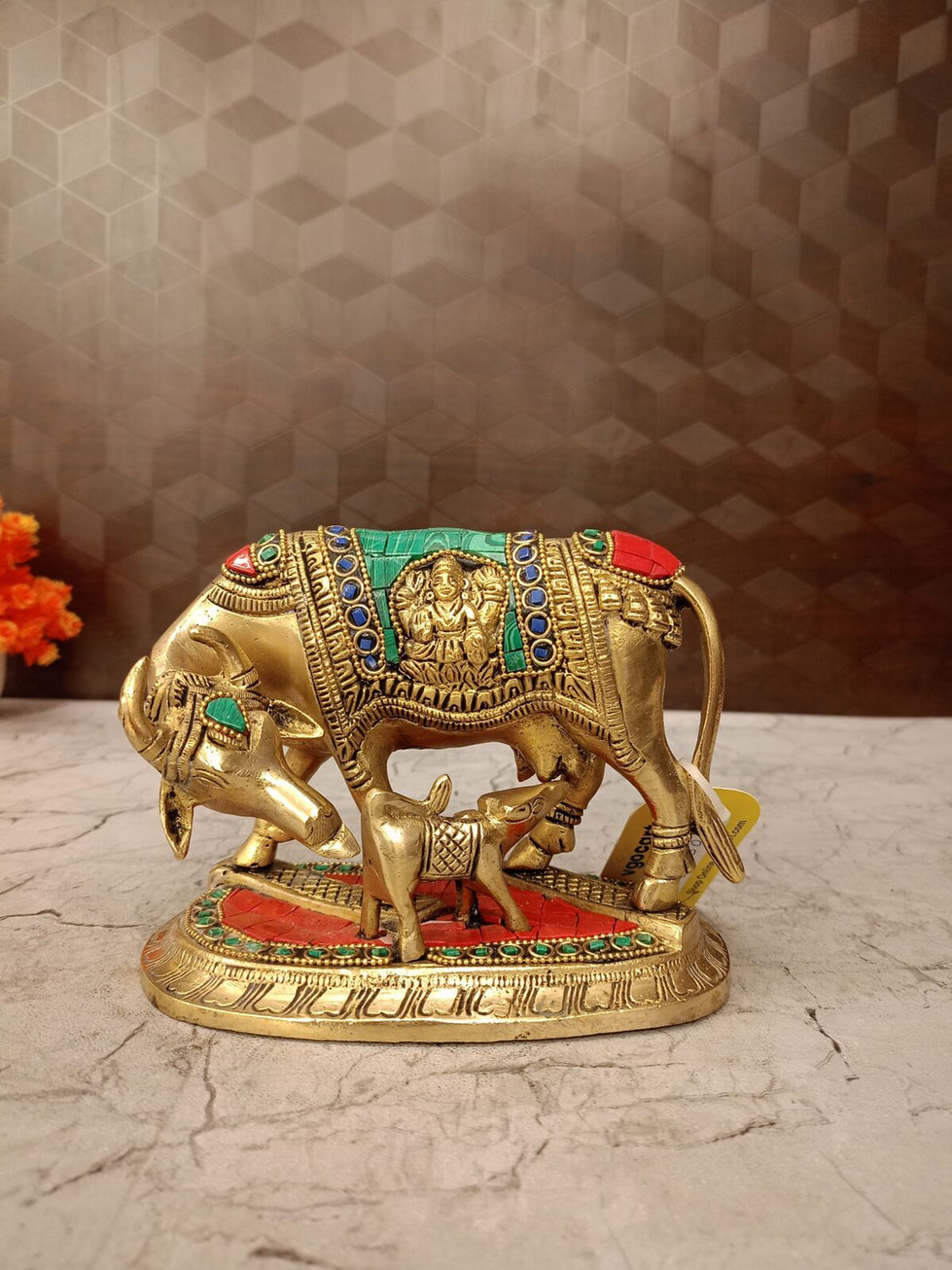 Brass Cow and Calf Idol Stone finish